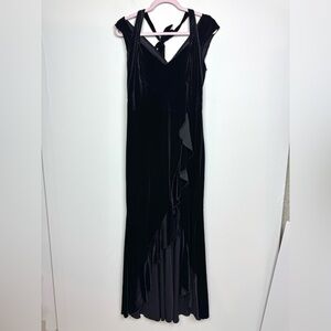 VFShow Black Velvet Sleeveless Halter Neck Maxi Dress with Ruffles Size Large